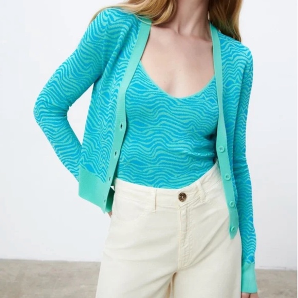 Zara blue turquoise jacquard V-neck knit cardigan NWT - Picture 7 of 7